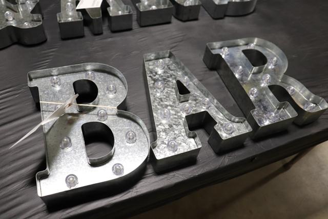 10" Tall galvanized lighted letters "BAR"