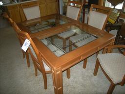 Glass Top Oak table with 6 chairs, leaves and pads