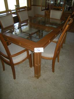 Glass Top Oak table with 6 chairs, leaves and pads