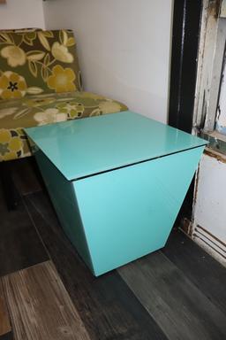 18" x 18" Teal coffee table with glass top & center storage