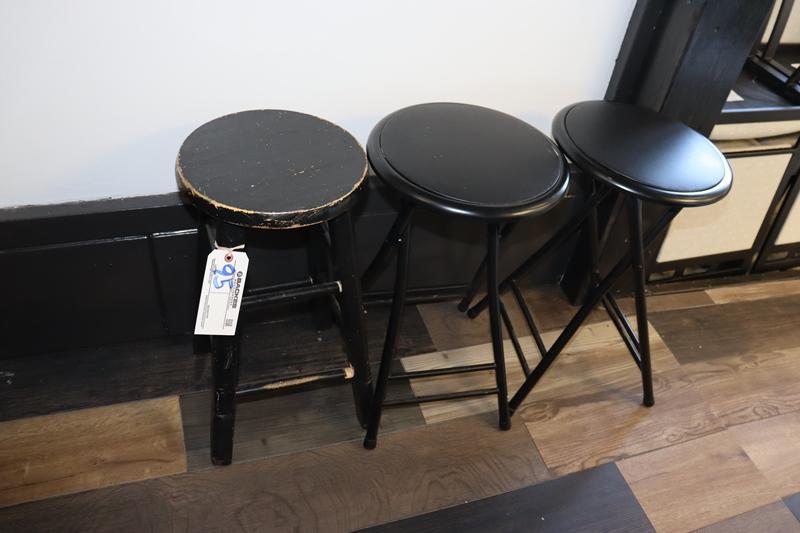 Times 3 - Black bar stools - 2 are folding metal framed, 1 is wood