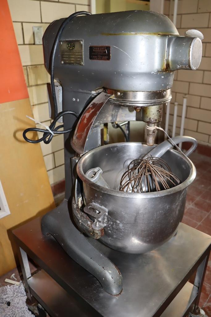 Hobart A200 mixer with stainless bowl, hook, paddle, whip, & 20" x 24" stai