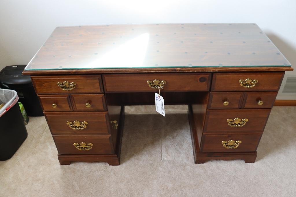 22" x 52" walnut stained desk with glass top