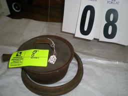 Cast iron pot, missing screw in handle, 6 1/2"d x 4 1/2"t x 4 1/4" & 2 tin rings