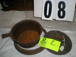 Cast iron pot, missing screw in handle, 6 1/2"d x 4 1/2"t x 4 1/4" & 2 tin rings