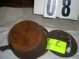 Cast iron pot, missing screw in handle, 6 1/2"d x 4 1/2"t x 4 1/4" & 2 tin rings