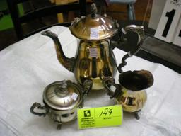 3 piece silver plate set by Leonard, pitcher has repaired handle