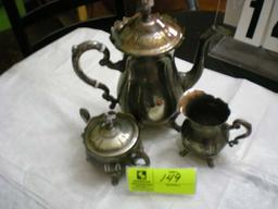 3 piece silver plate set by Leonard, pitcher has repaired handle