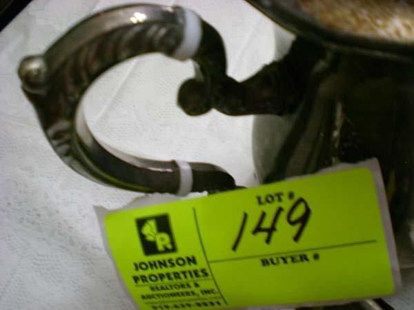 3 piece silver plate set by Leonard, pitcher has repaired handle