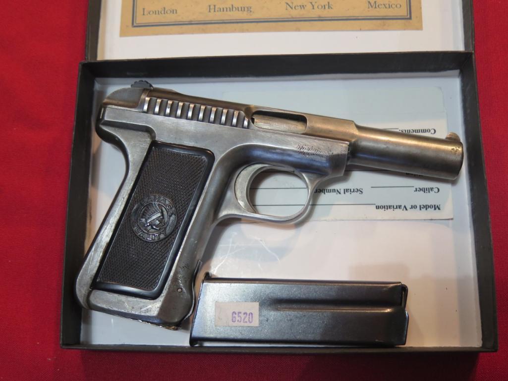 Savage Auto model 1917 32acp semi auto pistol, extra mag, reproduction box