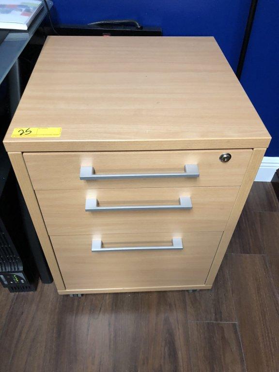 DESK WITH RETURN AND HUTCH, ROLLING ARMCHAIR, ROLLING FILE CABINET, (1) TWO DRAWER LATERAL FILE CABI