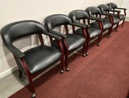 ROLLING LEATHER AND WOOD CONFERENCE TABLE CHAIRS