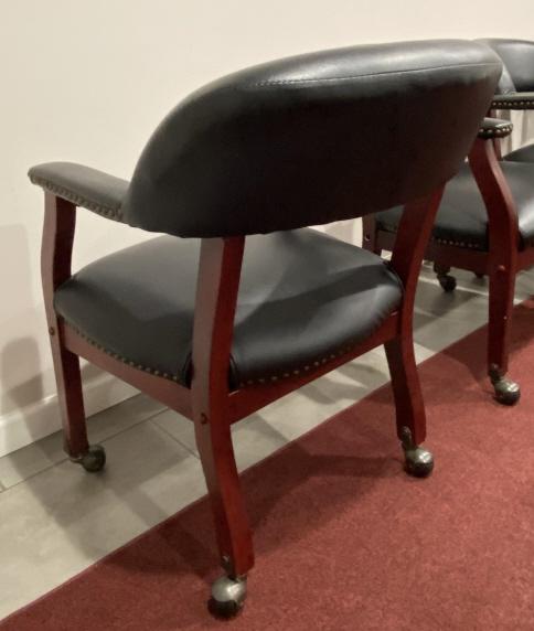 ROLLING LEATHER AND WOOD CONFERENCE TABLE CHAIRS