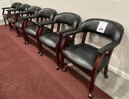 ROLLING LEATHER AND WOOD CONFERENCE TABLE CHAIRS