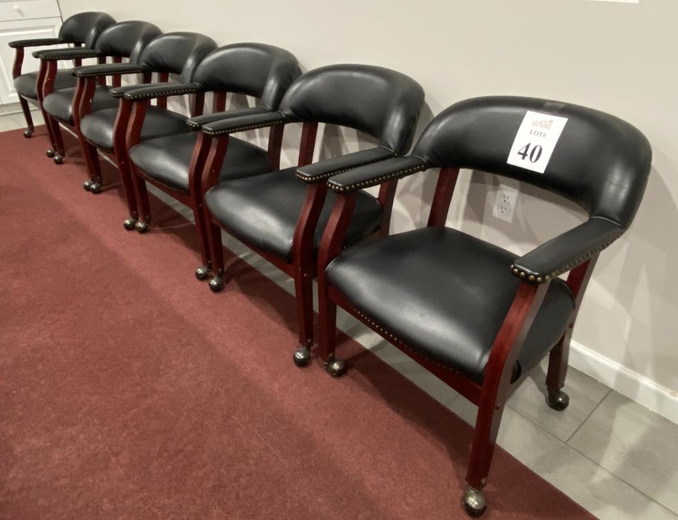 ROLLING LEATHER AND WOOD CONFERENCE TABLE CHAIRS