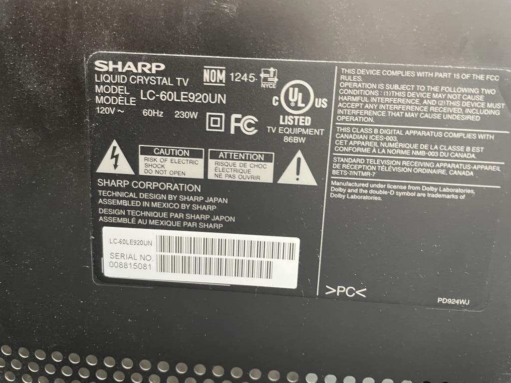 SHARP AQUOS 60" LCD TV, MODEL LC-60LE920UN