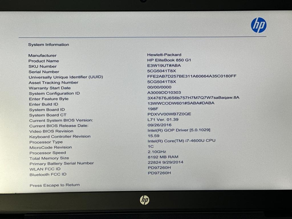 HP LAPTOP ELITEBOOK 850 COREi7 8GB RAM 180 SSD