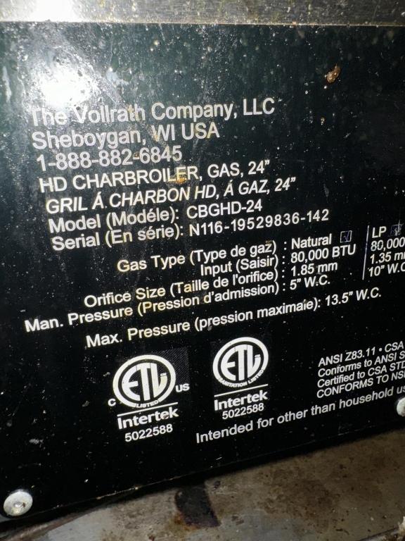 VOLLRATH 24" CHAR BROILER (GAS) 4 BURNER GRIL