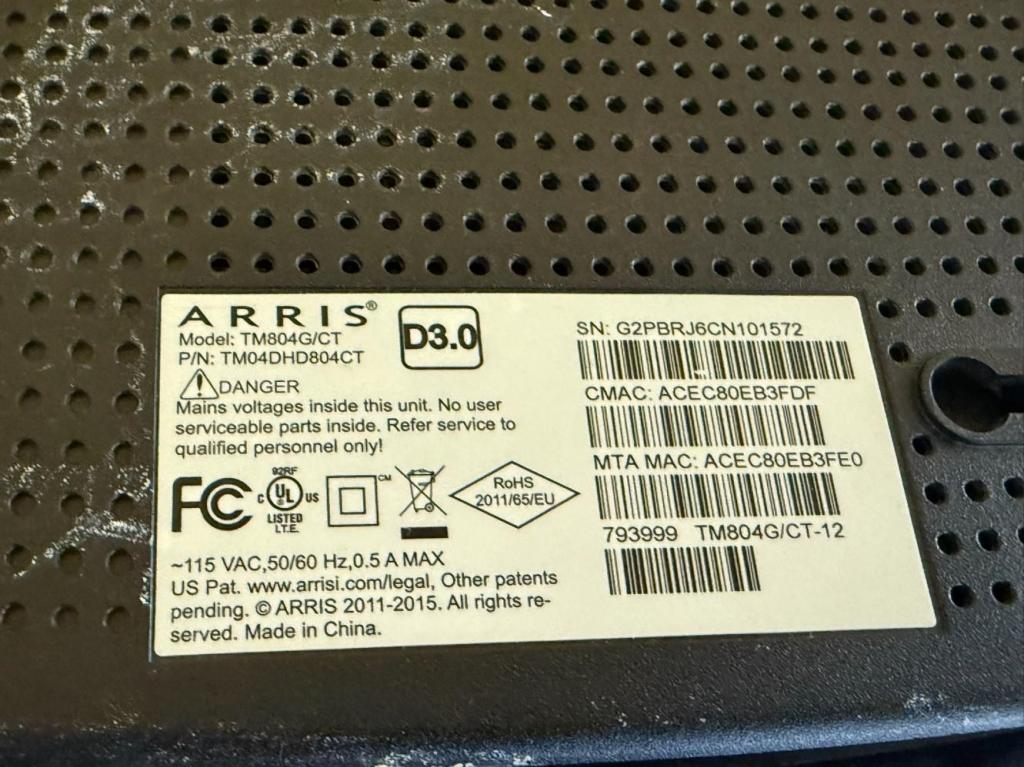 LOT CONSISTING OF (1) ARRIS TM804 MODEM