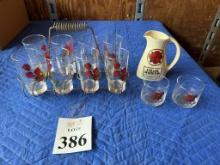 FOUR ROSES DISTILLERS CO. PITCHER AND 10 GLASSES