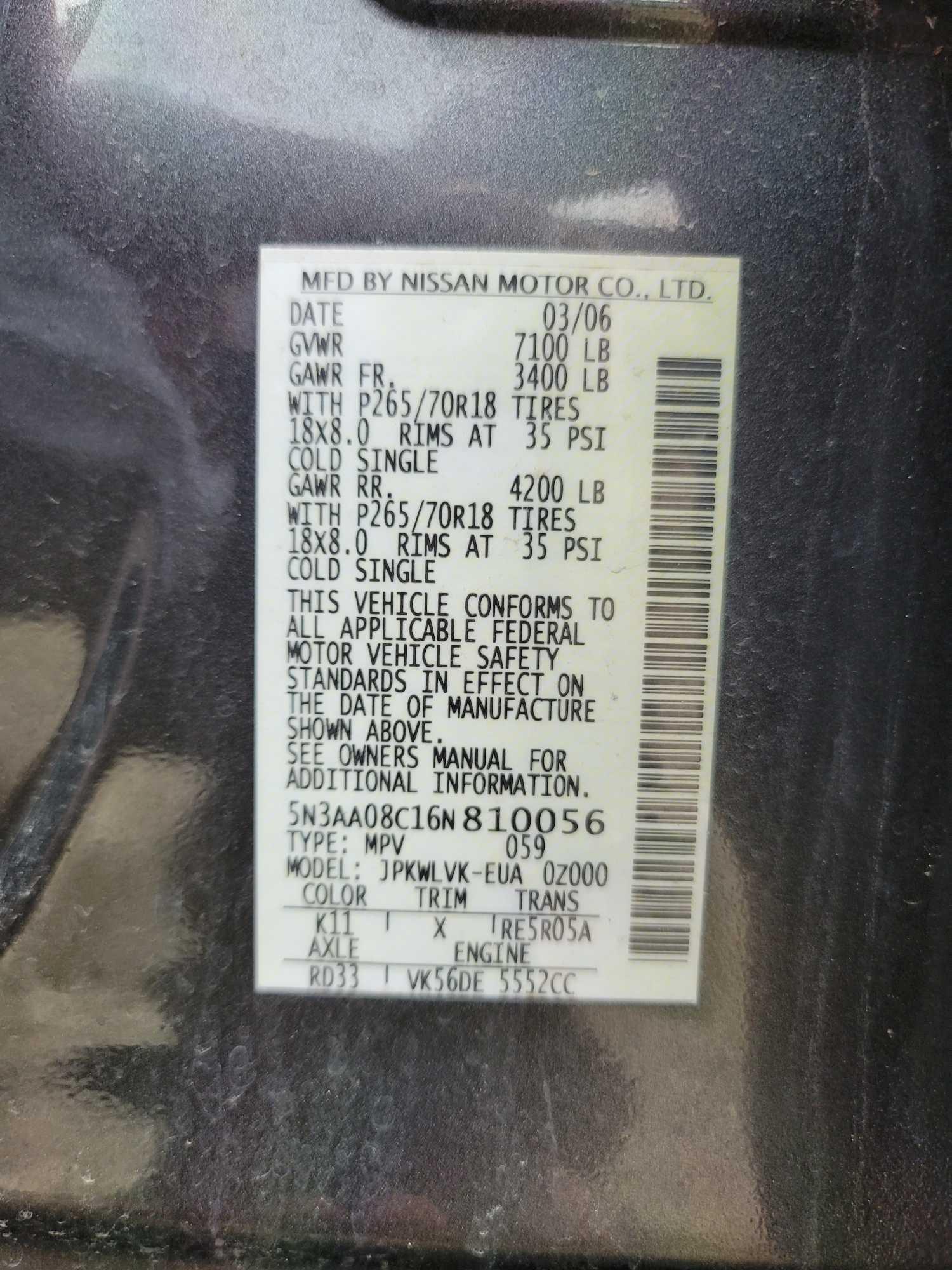 2006 INFINITI QX56 VIN:5N3AA08C16N810056 5.6L engine, A/T, power windows,power locks, sunroof,