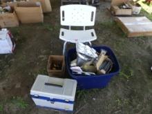Plastic container, shower chair, misc items