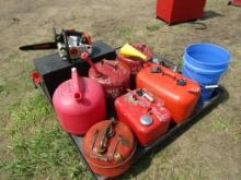 Pallet of Gas cans, Chains, Hitch, Balls