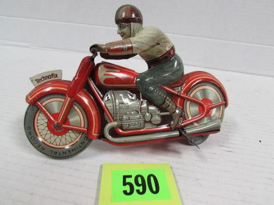 Excellent Antique Technofix Germany 7" Tin Wind-up Motorcycle W/ Driver