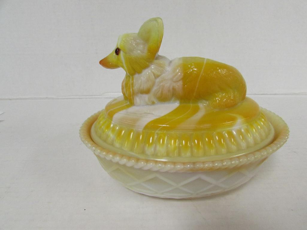 Rare Signed Westmoreland Yellow / Orange Slag Fox on Nest
