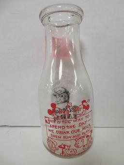 Rare Antique McDonald Farm Pint Milk Bottle w/ Mickey & Minnie Mouse