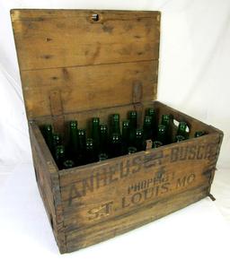 Antique Pre-Prohibition Anheuser Busch Wooden Beer Crate w/ Bottles