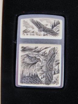 2000 Zippo Case XX American Eagle Trapper Knife / Lighter Scrimshaw Box Set #171/500