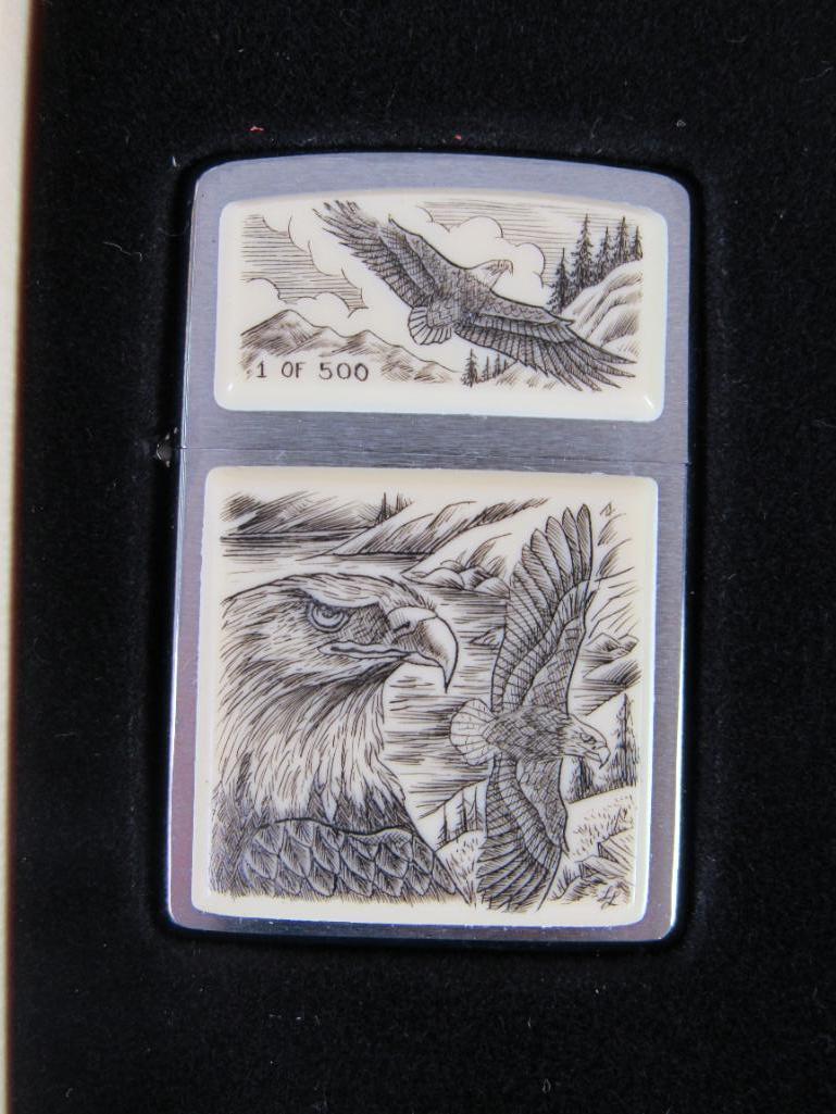 2000 Zippo Case XX American Eagle Trapper Knife / Lighter Scrimshaw Box Set #171/500