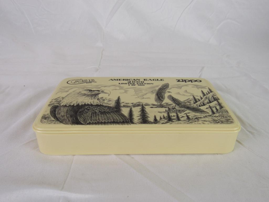 2000 Zippo Case XX American Eagle Trapper Knife / Lighter Scrimshaw Box Set #171/500
