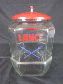 Antique Lance Crackers Glass Counter Advertising Display Jar w/ Metal Lid