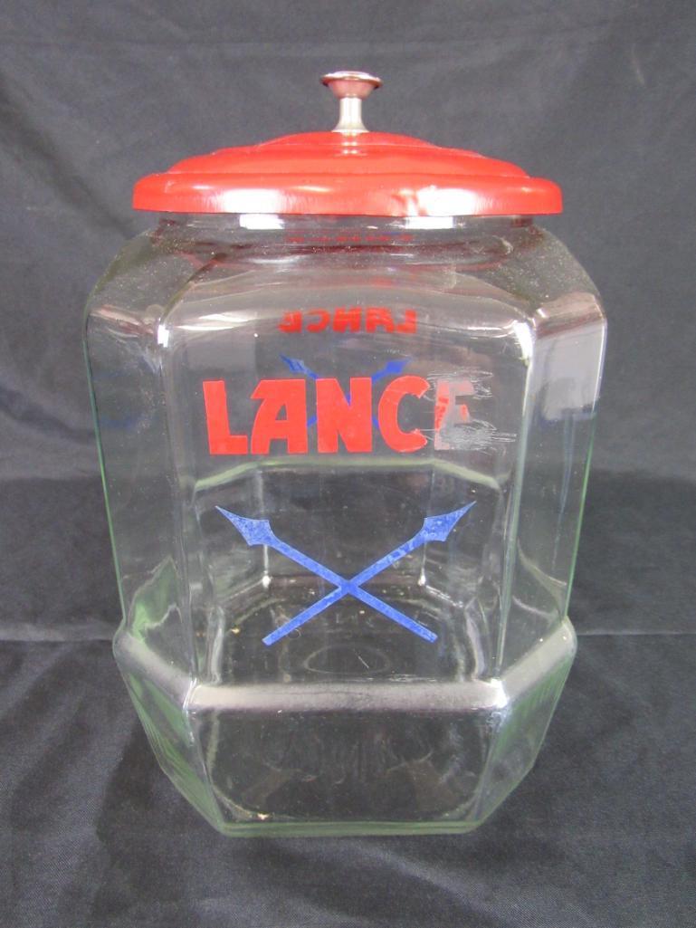 Antique Lance Crackers Glass Counter Advertising Display Jar w/ Metal Lid