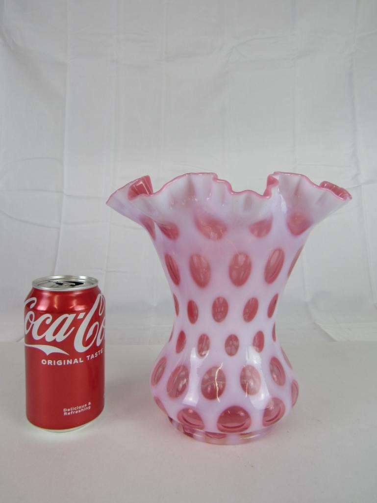 Beautiful Fenton Art Glass Cranberry Opalescent Coin Dot 8 1/4" Ruffled Vase