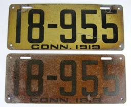 Pair Antique 1919 Connecticut License Plates
