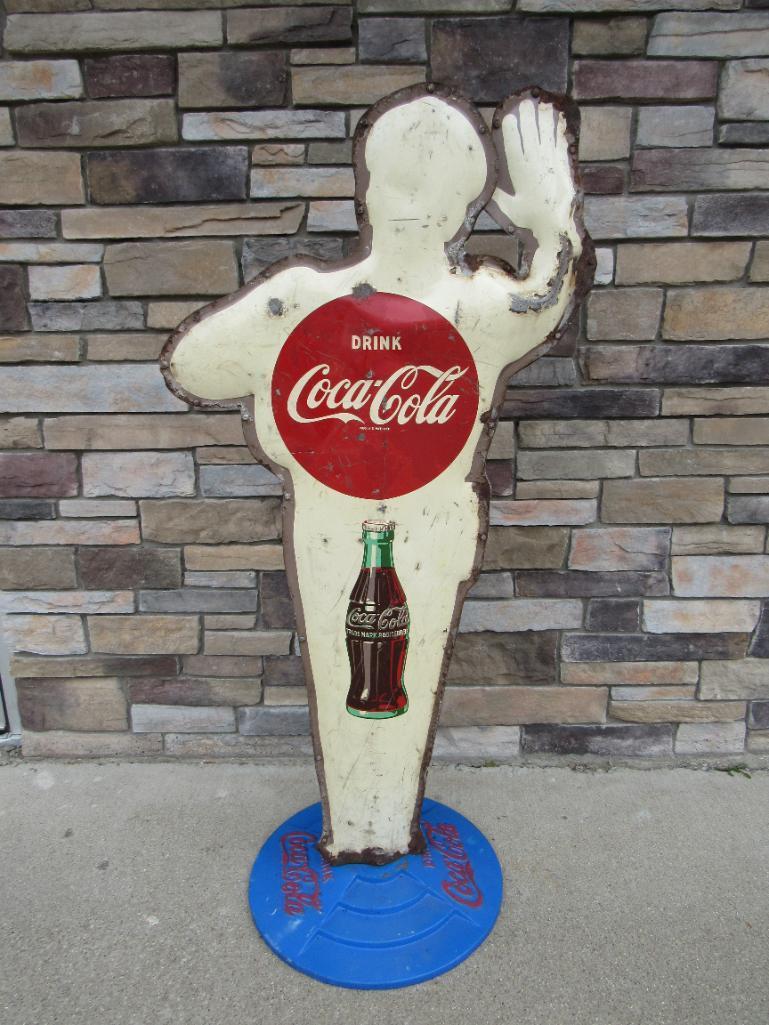 Antique Coca Cola Metal Double Sided Traffic Cop/ Police Officer Sign with Cast Iron Base!