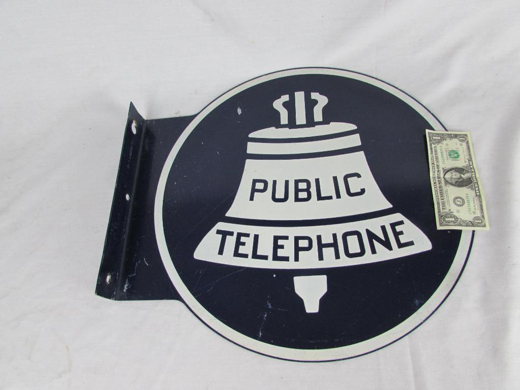 Excellent Vintage Bell "Public Telephone" Double Sided Metal Flange Sign