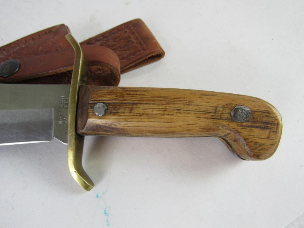 Vintage Western W47 12" Fixed Blade Bowie Knife in Case XX Leather Sheath