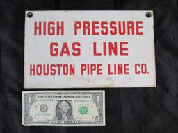 Antique High Pressure Gas Line - Houston Pipe Line Porcelain Sign- Dbl. Sided