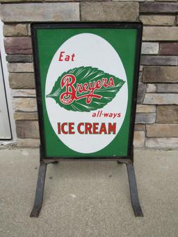 Excellent Antique Breyers Ice Cream Dbl. Sided Porcelain Curb Sign