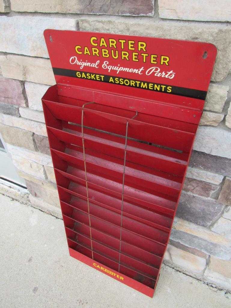 Antique Carter Carbureter Metal Service Station Gasket Display Rack w/ Top Sign