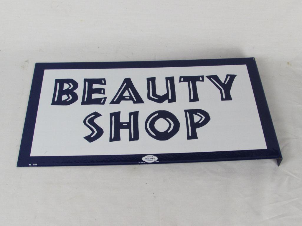 Outstanding NOS Marvy #1223 Beauty Shop Double Sided Porcelain Flange Sign