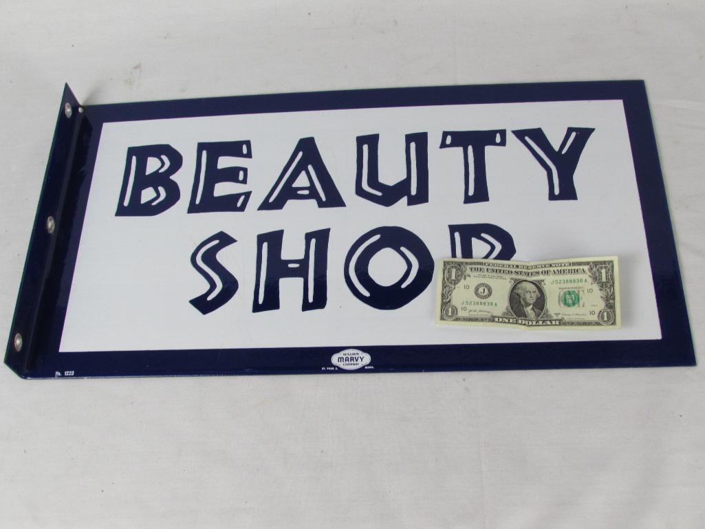 Outstanding NOS Marvy #1223 Beauty Shop Double Sided Porcelain Flange Sign