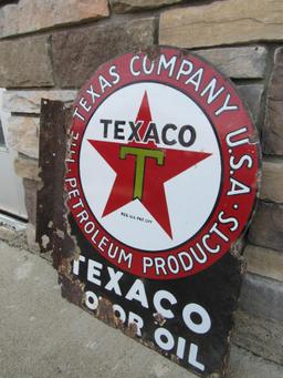 Rare Antique Texaco Motor Oil Double Sided Porcelain Flange Sign