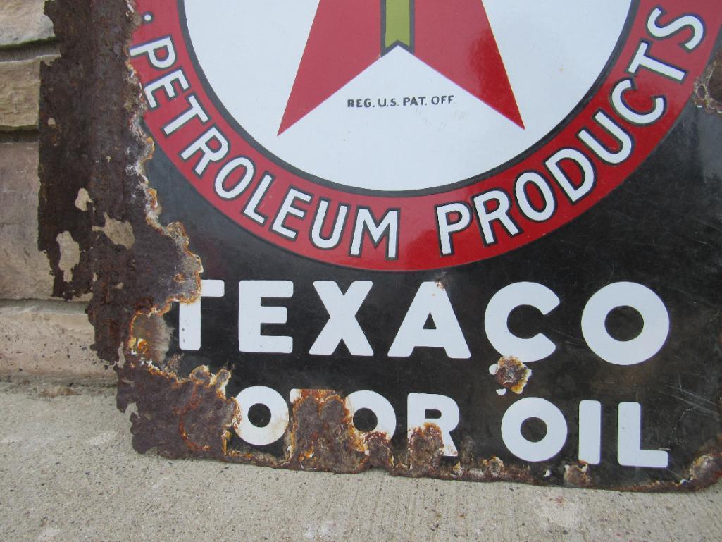 Rare Antique Texaco Motor Oil Double Sided Porcelain Flange Sign