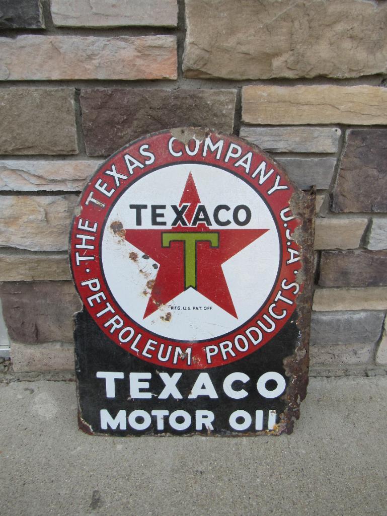 Rare Antique Texaco Motor Oil Double Sided Porcelain Flange Sign