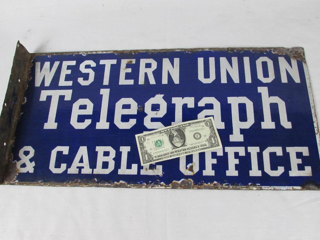 Rare Early Western Union Telegraph Double Sided Porcelain Flange Sign